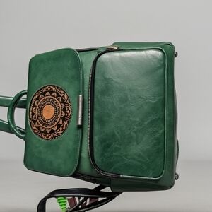 Green Leather Backpack with Mandala Design